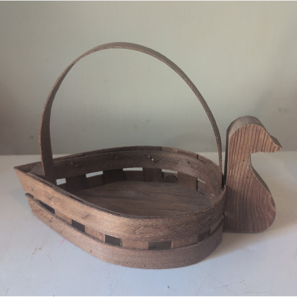 Vintage Wooden Woven Splint Basket Duck Bird Cottagecore Granny 11" x 5.5"